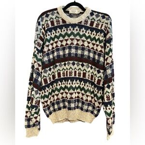 Vintage Sears Men's Graphic Crewneck Sweater - Cream, Green, Blue, Brown